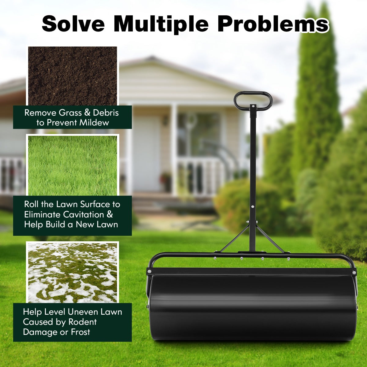 LIVSK 2-in-1 Multifunctionele Gazonroller - Duurzaam Gepoedercoat Metaal - Tot 63L Capaciteit - Met Schraper - Zwart