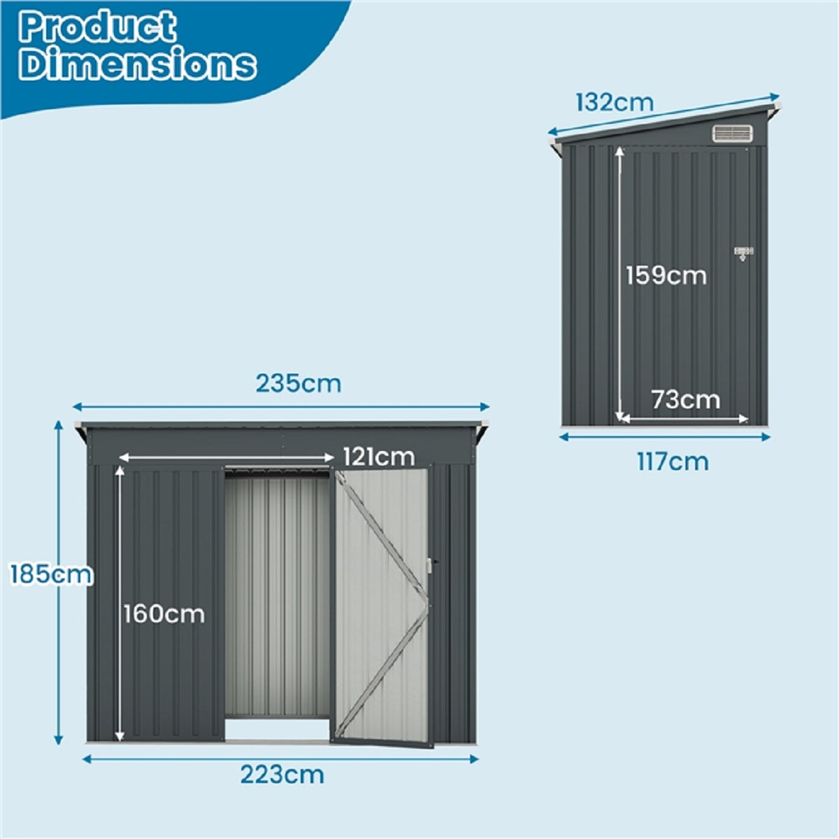 LIVSK Tuinhuis met Schuin Dak - Weerbestendig en Wind- en Waterdicht - Dubbele Deuren - 235 x 117 x 185 cm - Donkergrijs