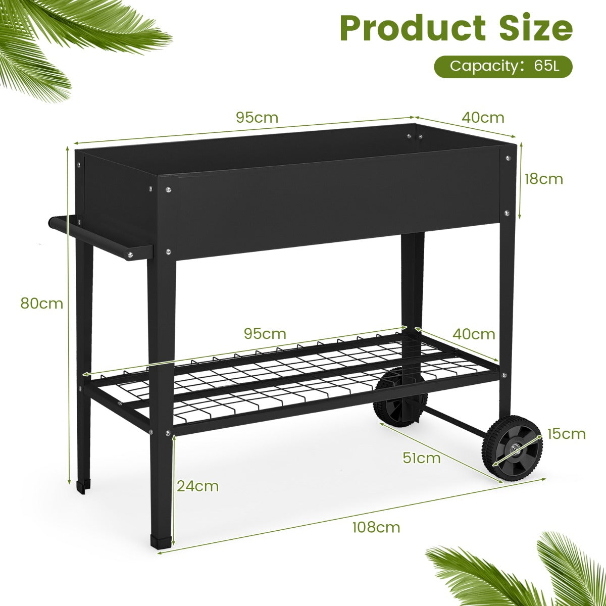 LIVSK Verhoogd Tuinbed met Opslag - 65L Plantenbak - Ergonomisch en Mobiel - Inclusief Wielen en Haken - Zwart