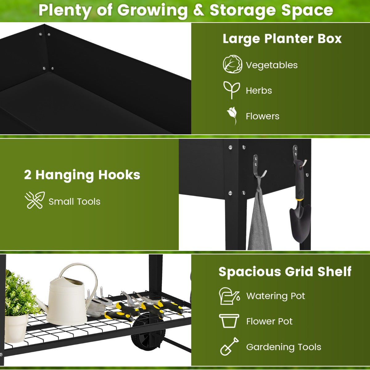 LIVSK Verhoogd Tuinbed met Opslag - 65L Plantenbak - Ergonomisch en Mobiel - Inclusief Wielen en Haken - Zwart