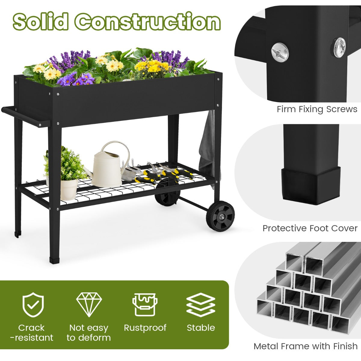 LIVSK Verhoogd Tuinbed met Opslag - 65L Plantenbak - Ergonomisch en Mobiel - Inclusief Wielen en Haken - Zwart