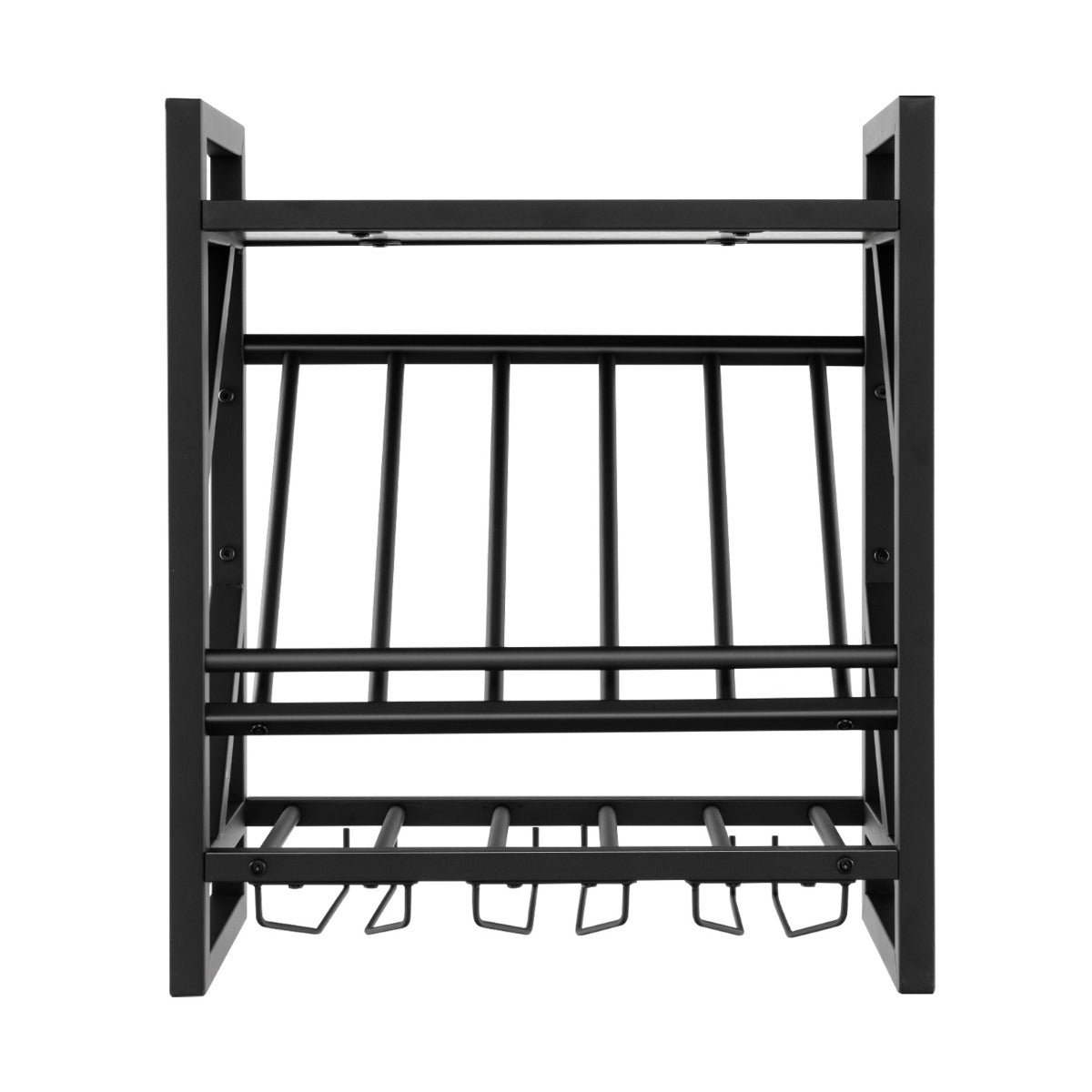 LIVSK Wandgemonteerd Wijnrek - Opslag voor 10 Flessen en 12 Glazen - Stevig Metalen Frame - Rustiek Bruin + Zwart