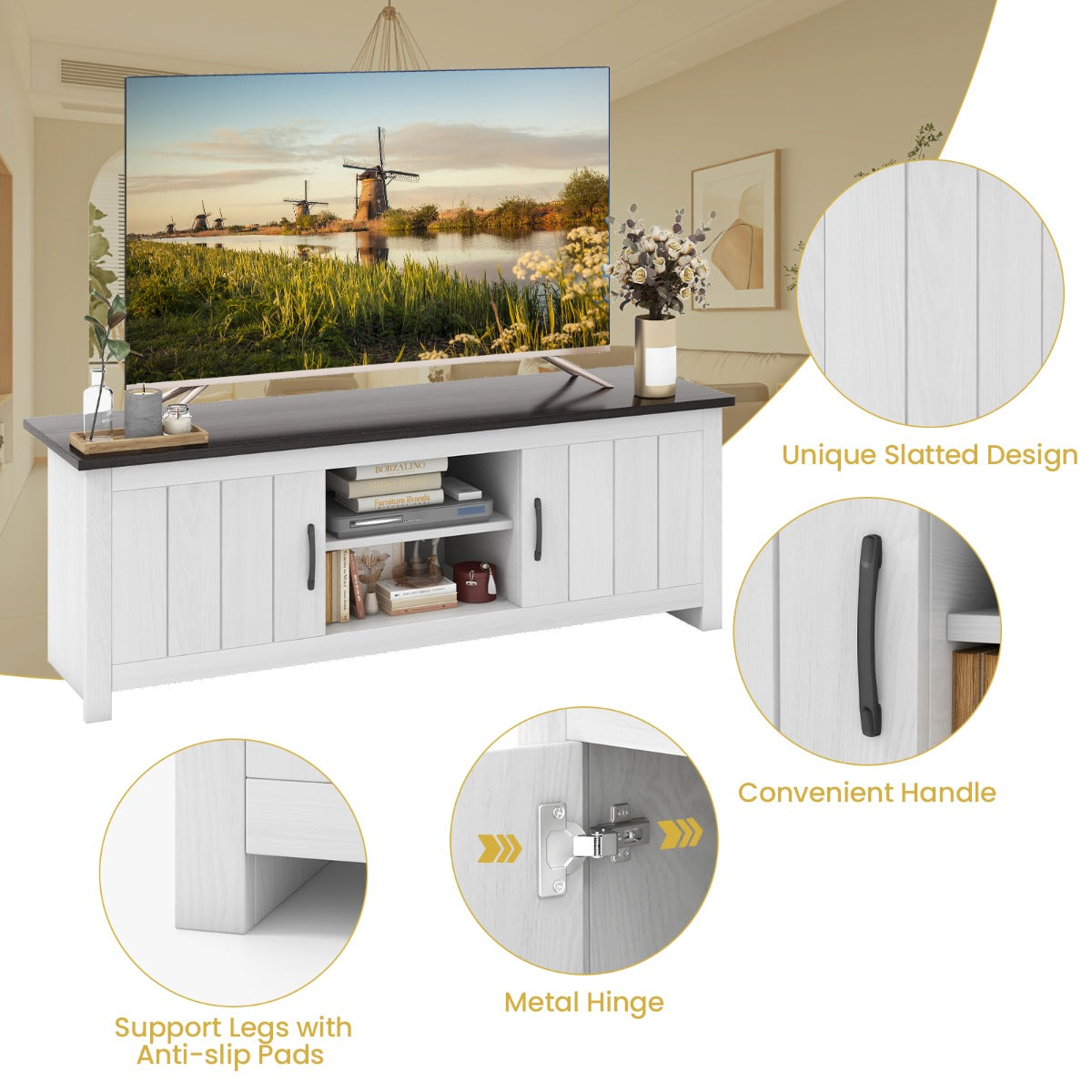 LIVSK TV-meubel voor Flatscreen TV's tot 65" - Royale Opbergruimte - Kabelmanagement - Stevige Constructie - Wit + Donkerbruin