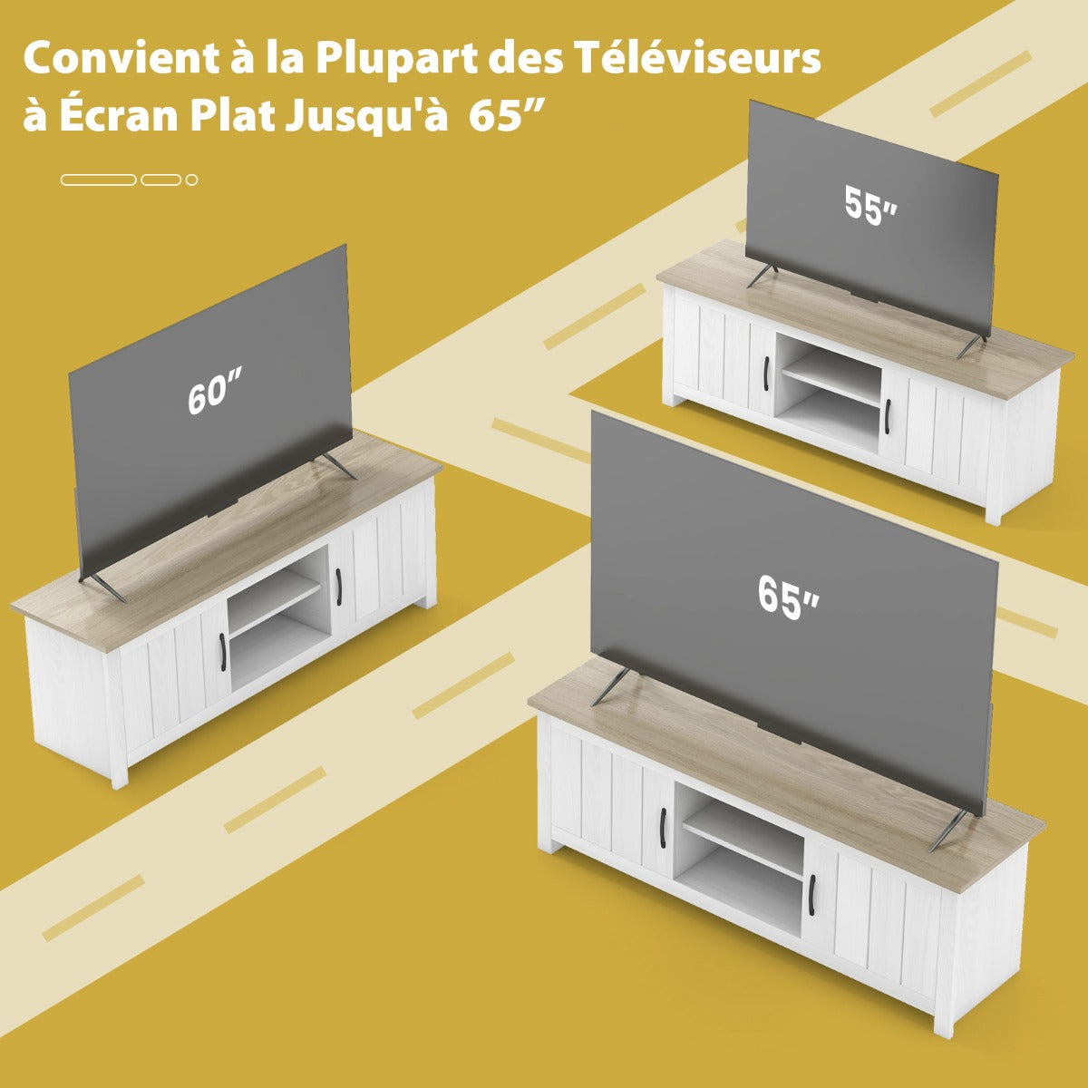 LIVSK TV-meubel voor Flatscreen TV's tot 65" - Open Planken en 2 Kasten - Kabelmanagement - Duurzaam - Wit + Grijs