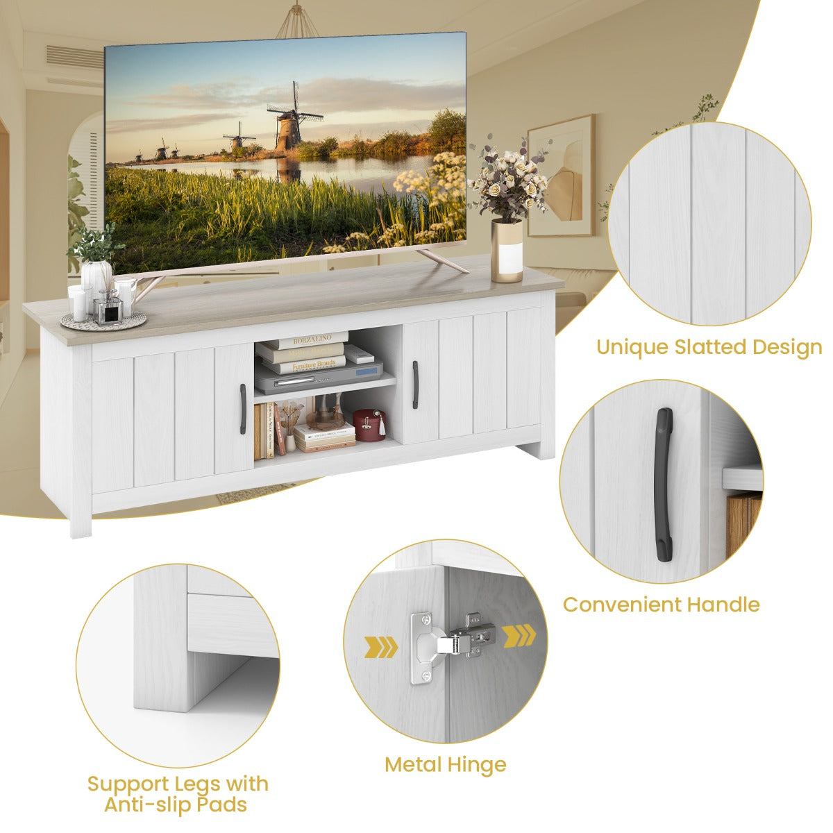 LIVSK TV-meubel voor Flatscreen TV's tot 65" - Open Planken en 2 Kasten - Kabelmanagement - Duurzaam - Wit + Grijs