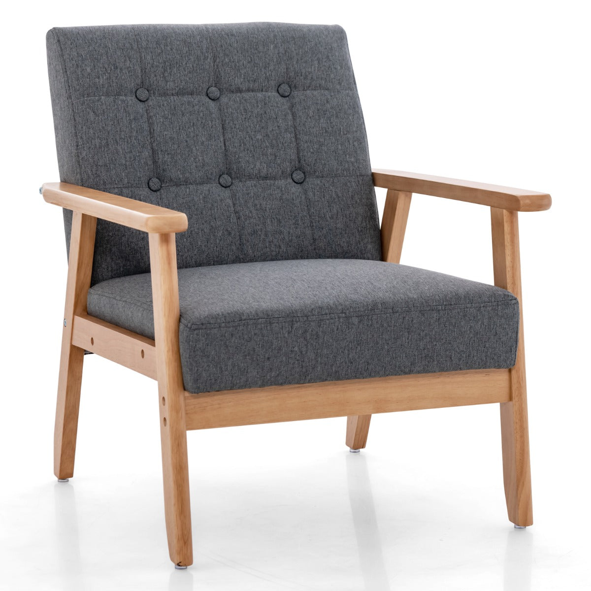 LIVSK Gestoffeerde Accentstoel met Knopen - Mid-Century Modern Design - Ergonomisch Comfort - Rubberhouten Frame - Grijs