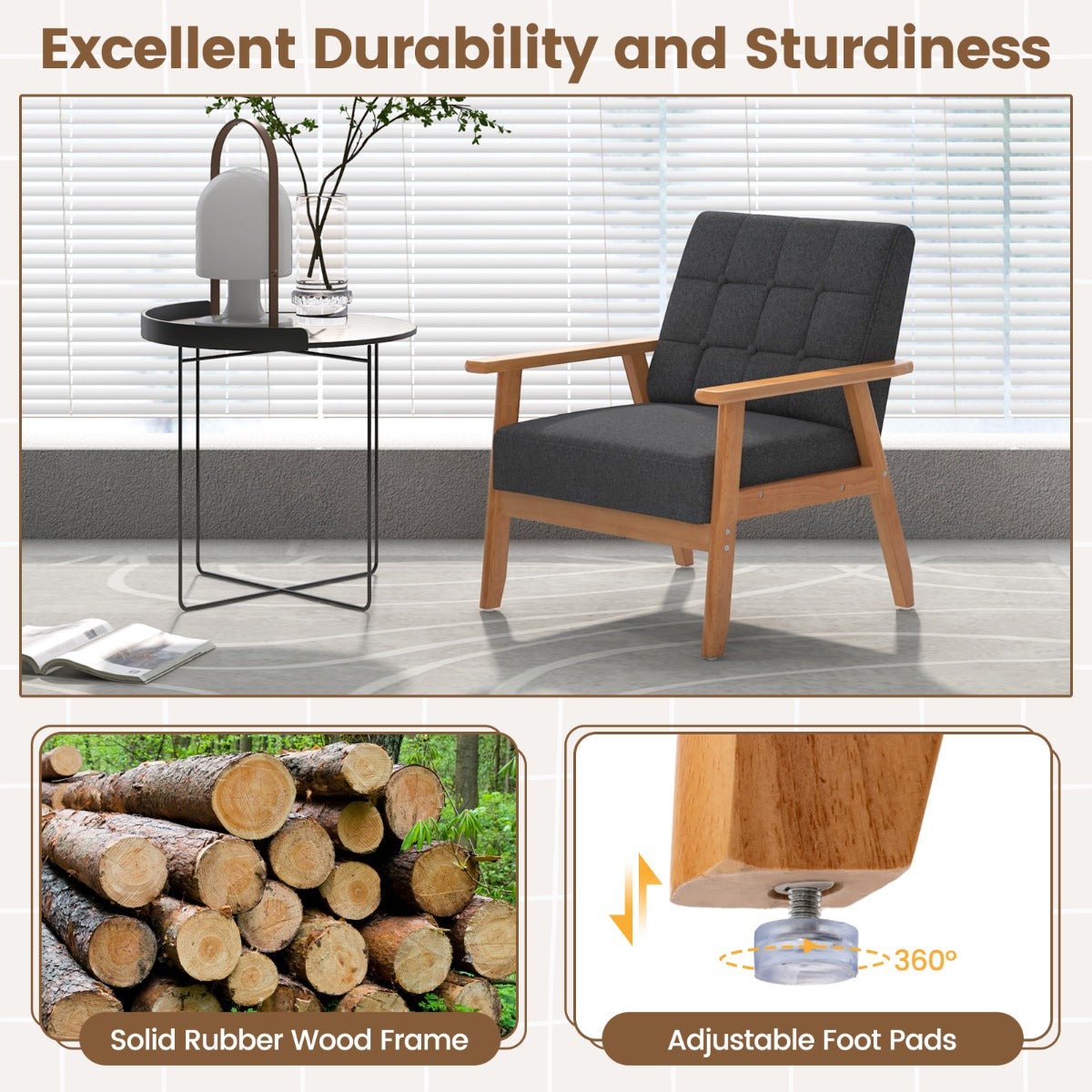 LIVSK Gestoffeerde Accentstoel met Knopen - Mid-Century Modern Design - Ergonomisch Comfort - Rubberhouten Frame - Grijs