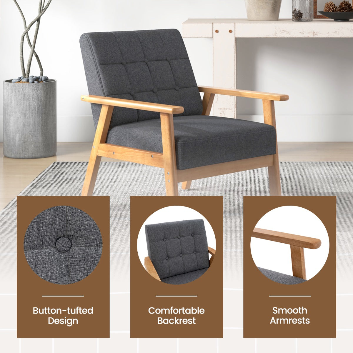 LIVSK Gestoffeerde Accentstoel met Knopen - Mid-Century Modern Design - Ergonomisch Comfort - Rubberhouten Frame - Grijs