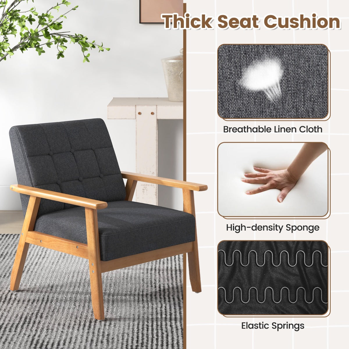 LIVSK Gestoffeerde Accentstoel met Knopen - Mid-Century Modern Design - Ergonomisch Comfort - Rubberhouten Frame - Grijs