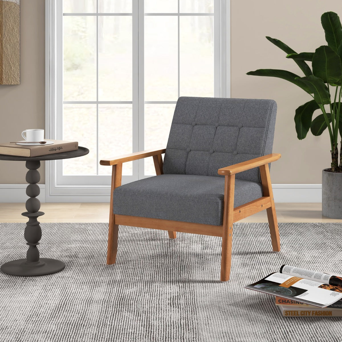 LIVSK Gestoffeerde Accentstoel met Knopen - Mid-Century Modern Design - Ergonomisch Comfort - Rubberhouten Frame - Grijs