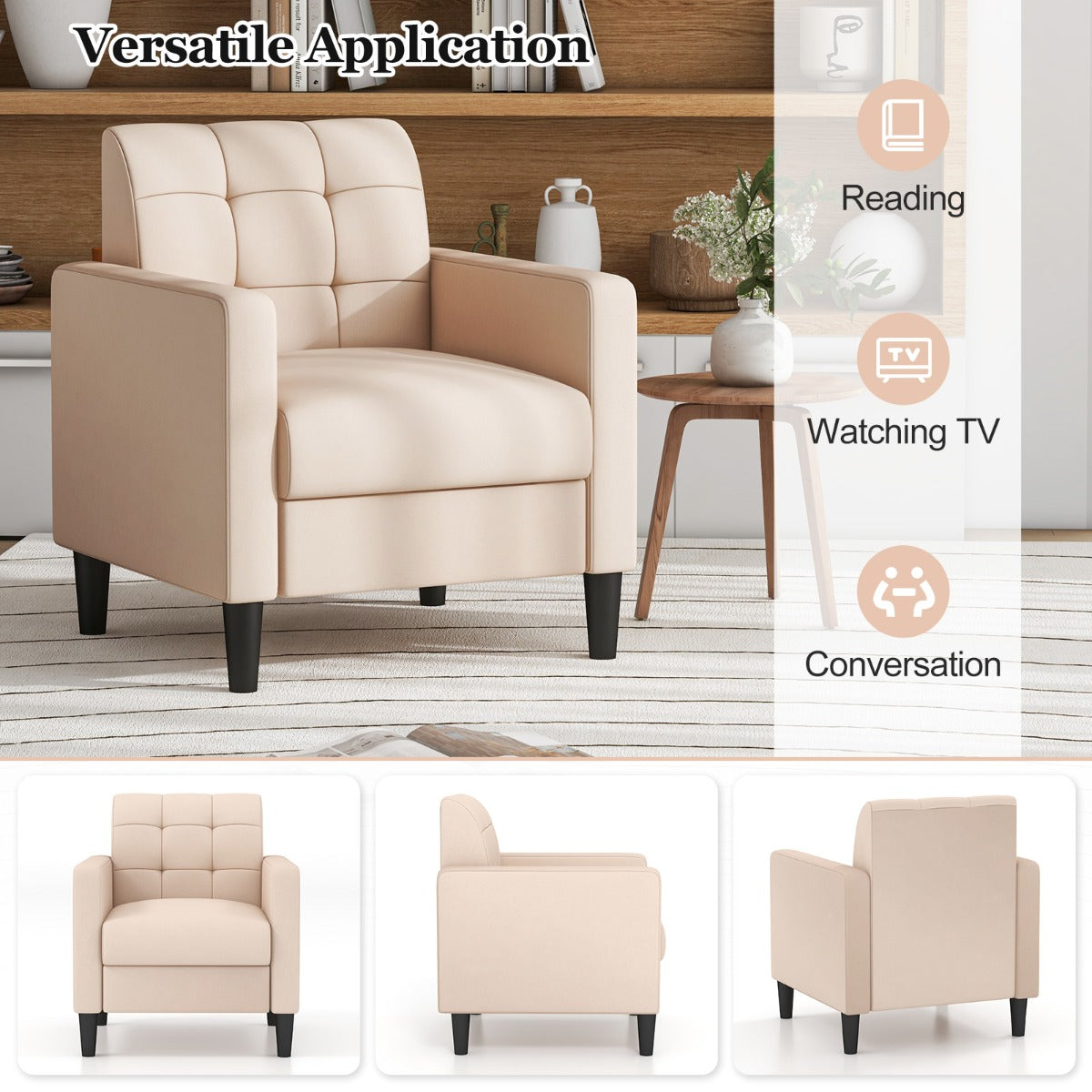 LIVSK Fluwelen Fauteuil - Mid-Century Design - Getufte Rugleuning - Comfortabele Armleuningen - 69 x 68 x 79,5 cm - Beige