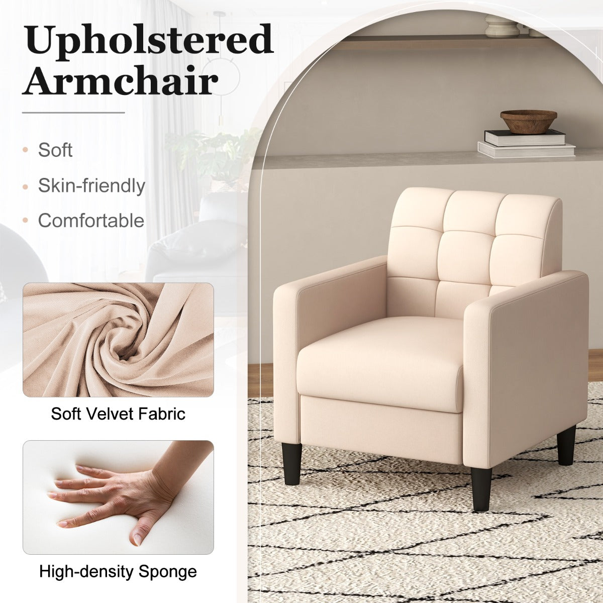 LIVSK Fluwelen Fauteuil - Mid-Century Design - Getufte Rugleuning - Comfortabele Armleuningen - 69 x 68 x 79,5 cm - Beige