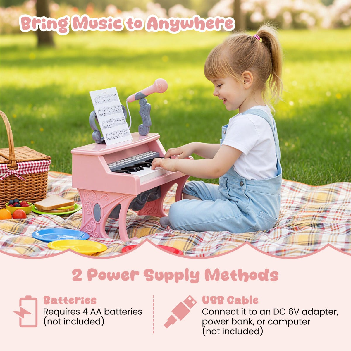 Livsk costway mini keyboard voor kinderen 25 toetsen kinderpiano elektronische piano met muziekstandaard en microfoon 6