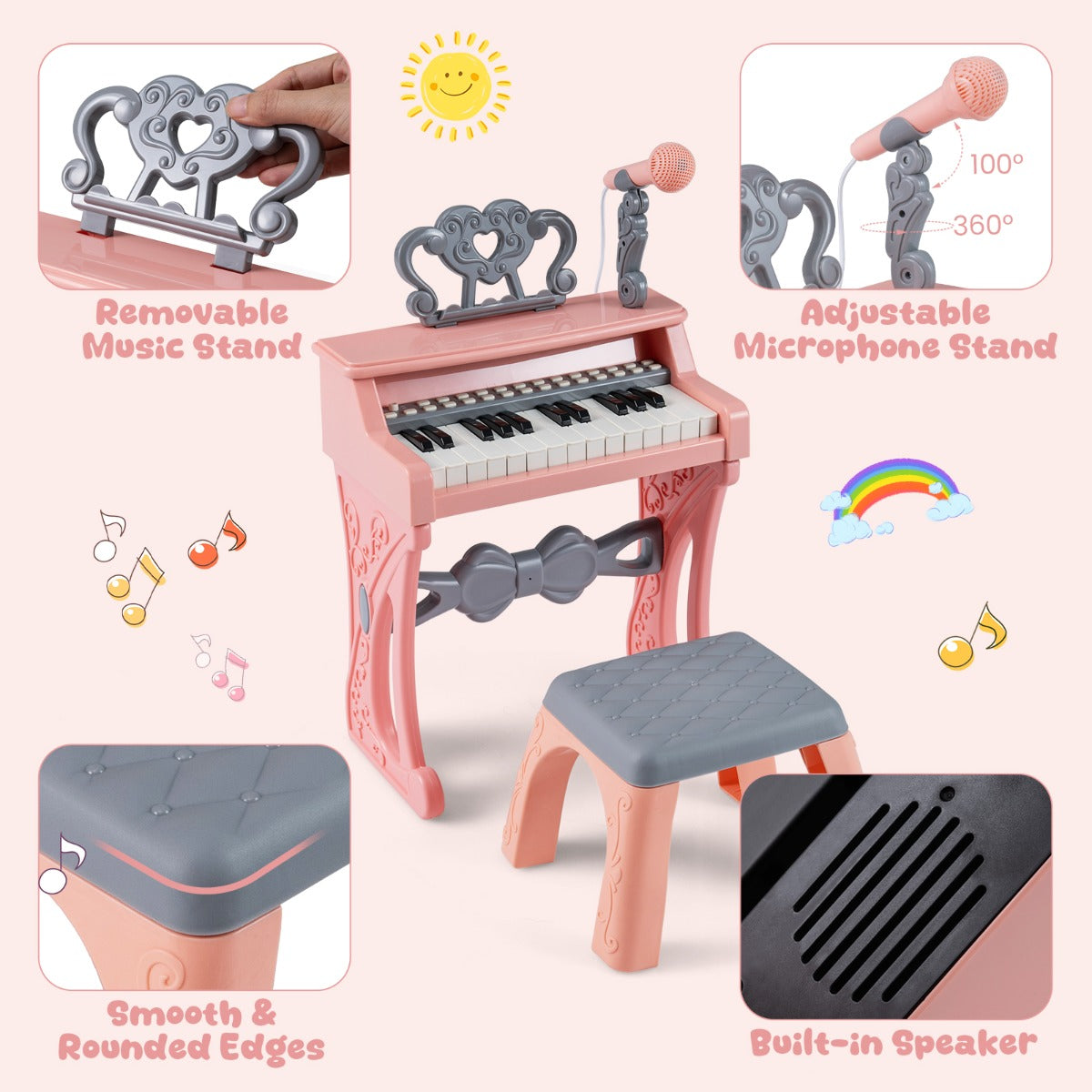 Livsk costway mini keyboardpiano voor kinderen elektronische piano met 25 toetsen kruk muziekstandaard en microfoon 4