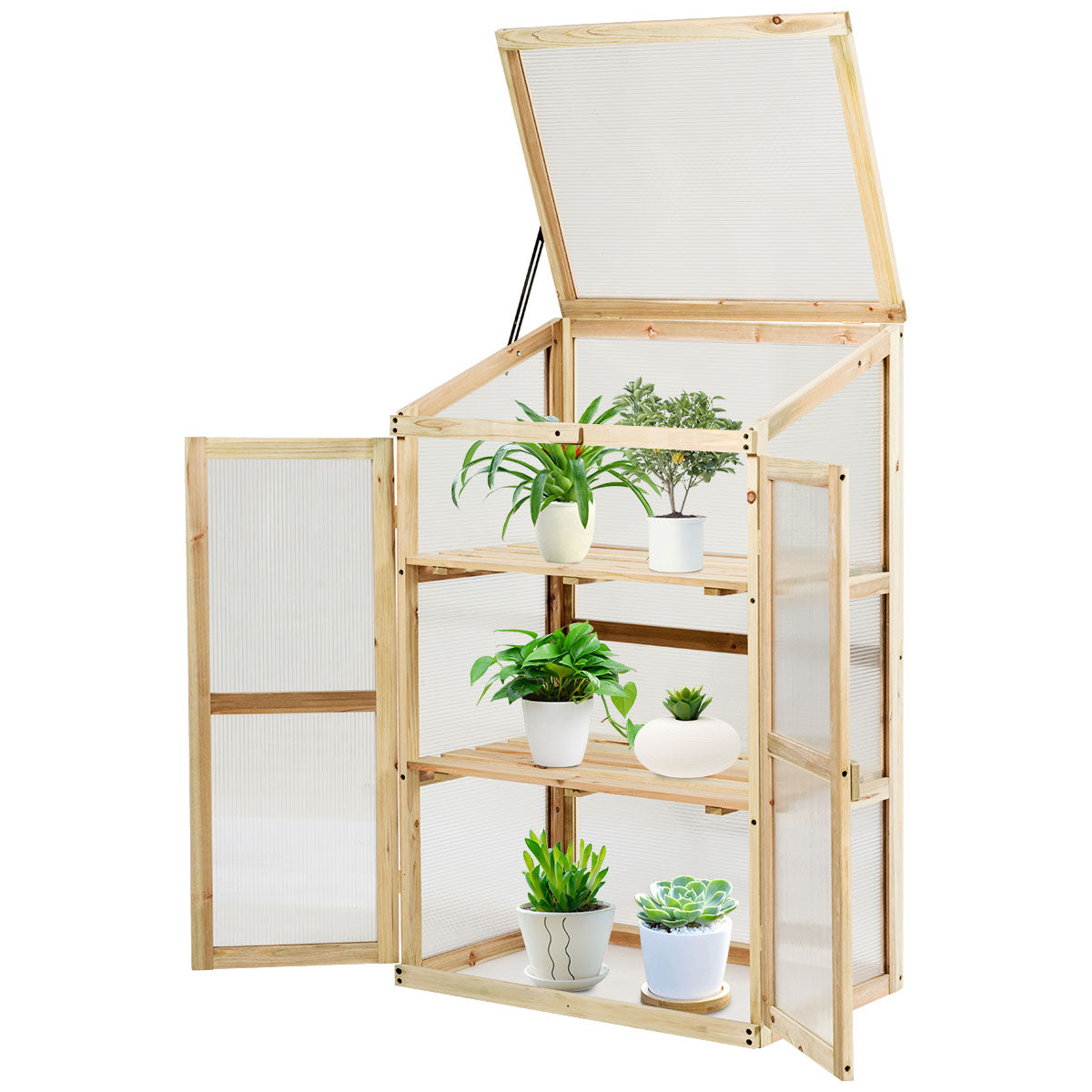 LIVSK Houten Serre - Geselecteerd Dennenhout met Polycarbonaat - Optimale Ventilatie met 2 Deuren - 60 x 45 x 100 cm - Zoals op
