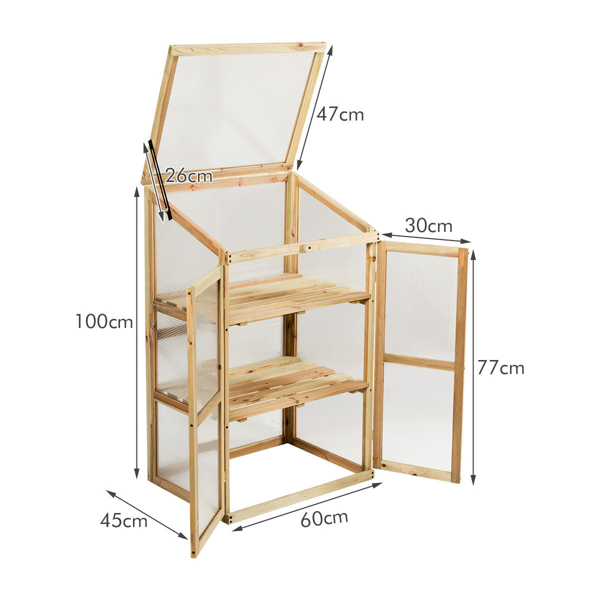 LIVSK Houten Serre - Geselecteerd Dennenhout met Polycarbonaat - Optimale Ventilatie met 2 Deuren - 60 x 45 x 100 cm - Zoals op