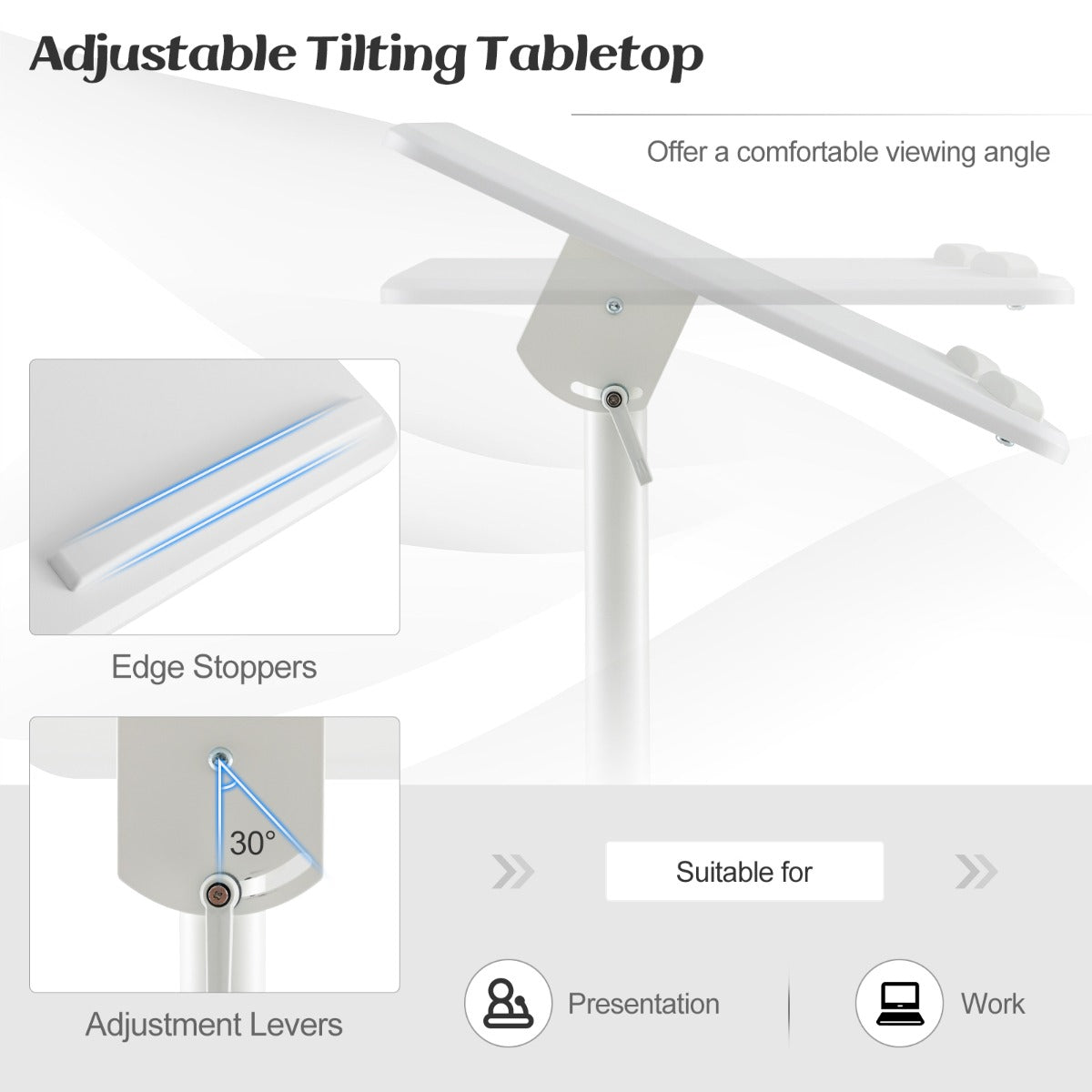 LIVSK Hoogteverstelbaar Mobiel Spreekgestoelte - Kantelbaar Tafelblad - Opbergvak en Bekerhouder - Vergrendelbare Wielen - Wit