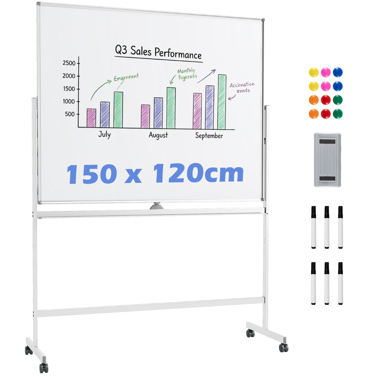 Livsk costway mobiel whiteboard dubbelzijdig magnetisch bord met standaard 2 verstelbare hoogtes en vergrendelbare wieltjes