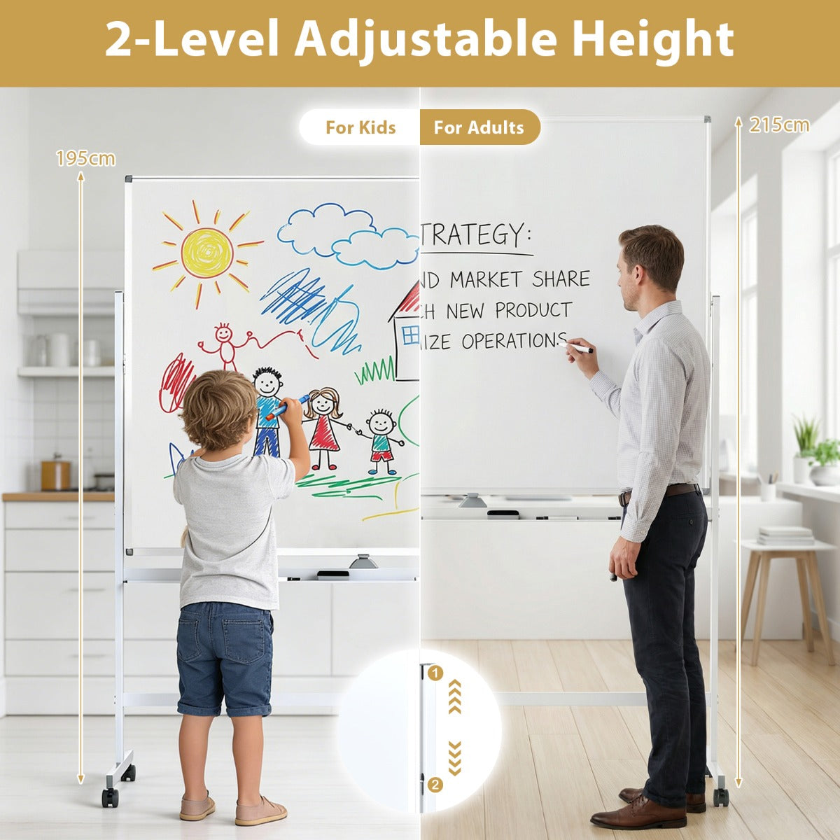 Livsk costway mobiel whiteboard dubbelzijdig magnetisch bord met standaard 2 verstelbare hoogtes en vergrendelbare wieltjes 3