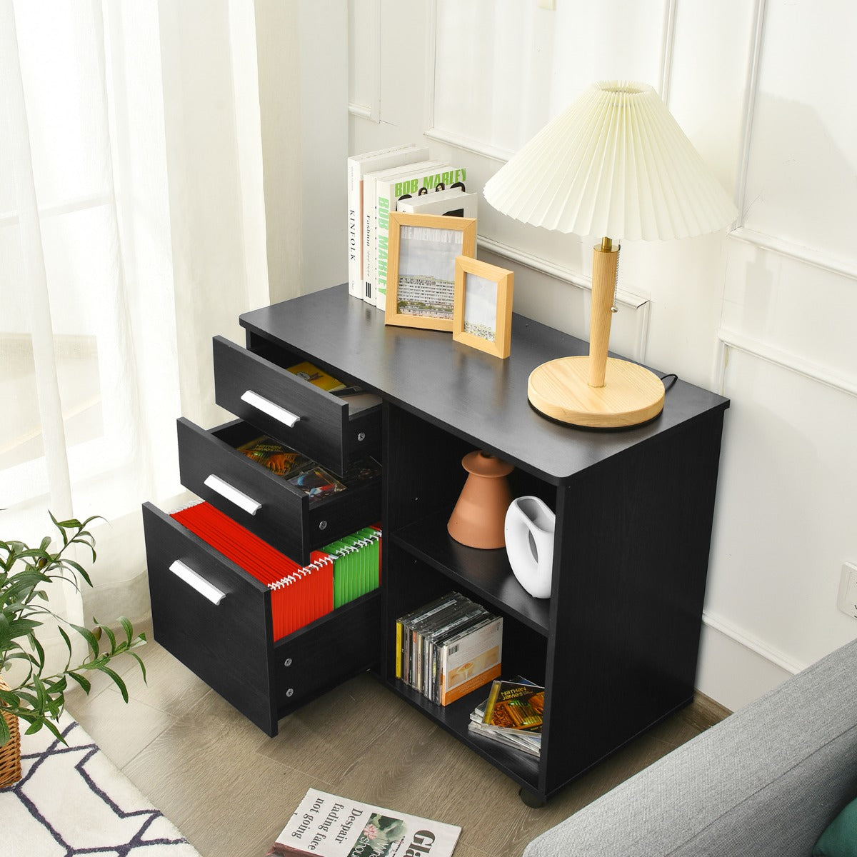 LIVSK Mobiele Archiefkast - 3 Laden - Printerstandaard - 5 Zwenkwielen - Hoogwaardig MDF - 81 x 41 x 66 cm - Zwart