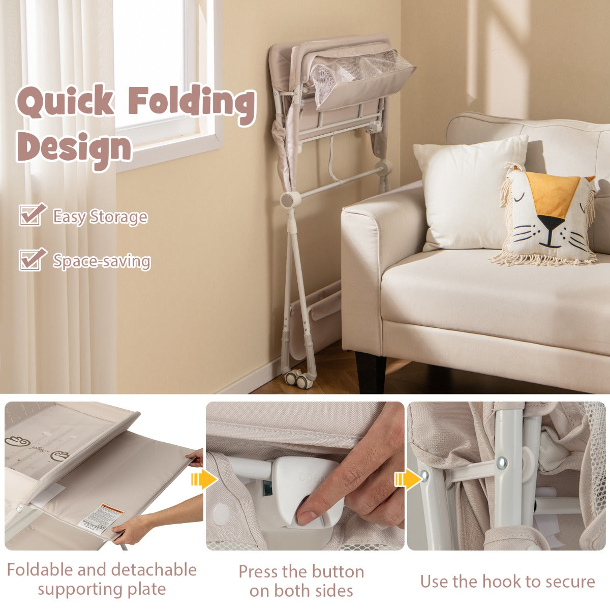 LIVSK Verstelbaar Verschoningsstation - Opvouwbaar - Opbergmand - Vergrendelbare Wielen - Voor Peuters tot 11 kg - Beige