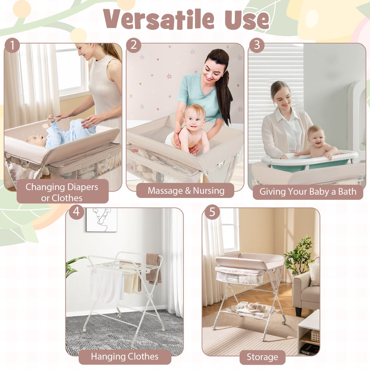 LIVSK Verstelbaar Verschoningsstation - Opvouwbaar - Opbergmand - Vergrendelbare Wielen - Voor Peuters tot 11 kg - Beige