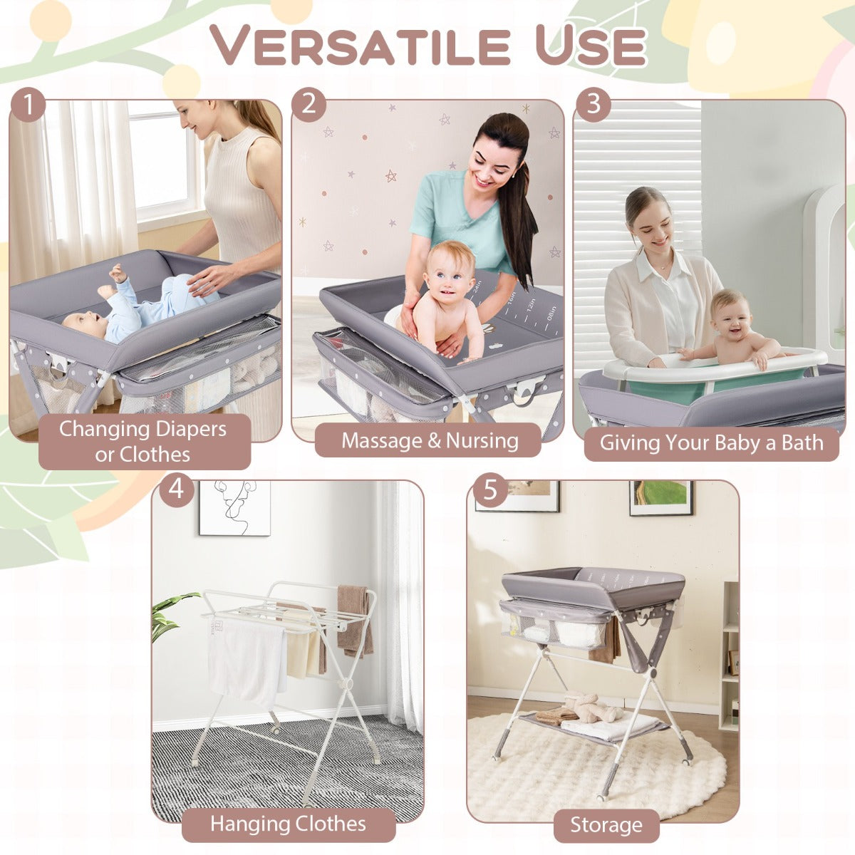 LIVSK Opvouwbare Verstelbare Commode - 3 Hoogtes - Opbergmand met Rits - Ingebouwde Prullenbak - Voor Baby's tot 11 kg - Grijs