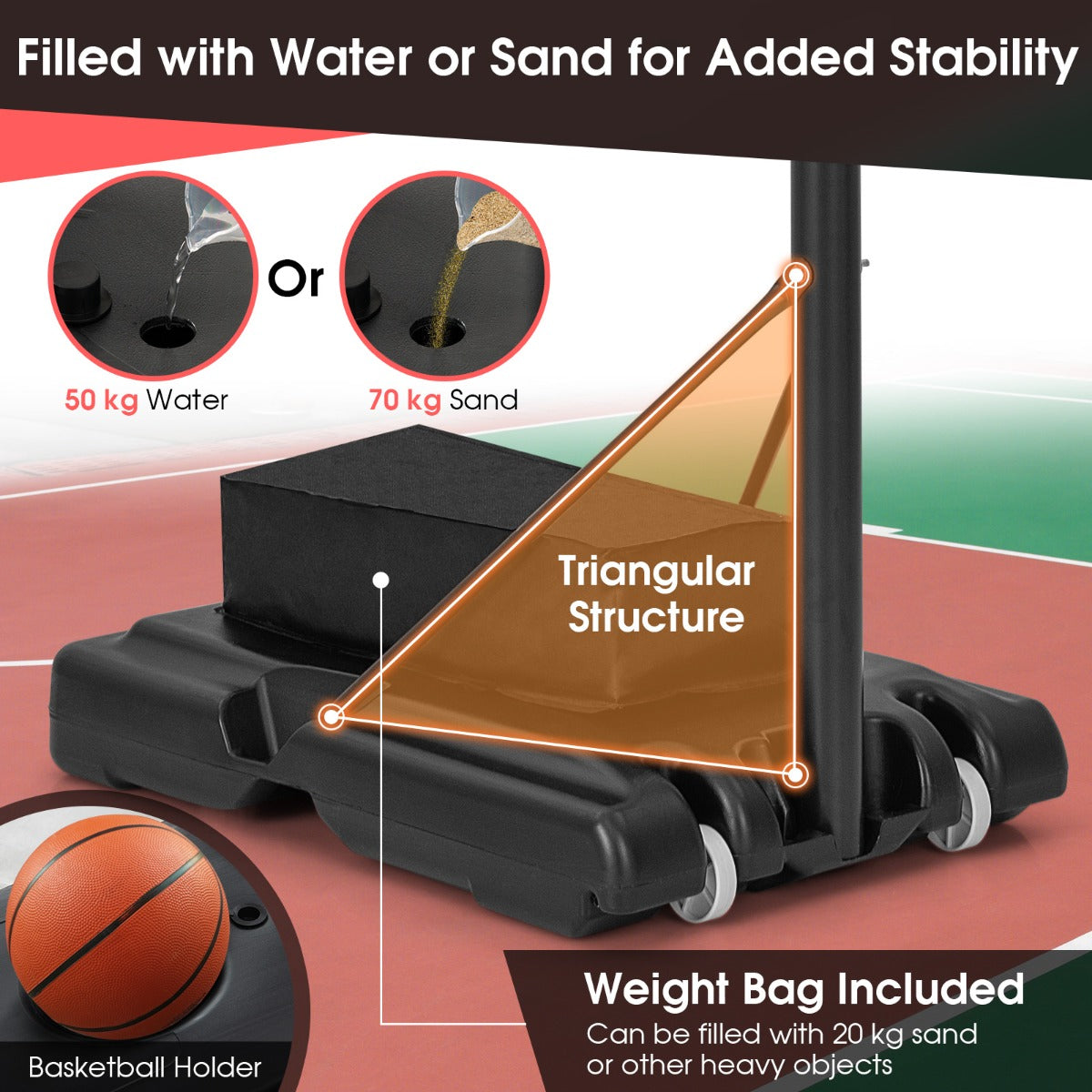LIVSK Draagbare Basketbalring - 11 Hoogte-instellingen tot 3,05 m - 110 cm Achterwand - Vulbare Basis met Loodzak - Weerbestendig