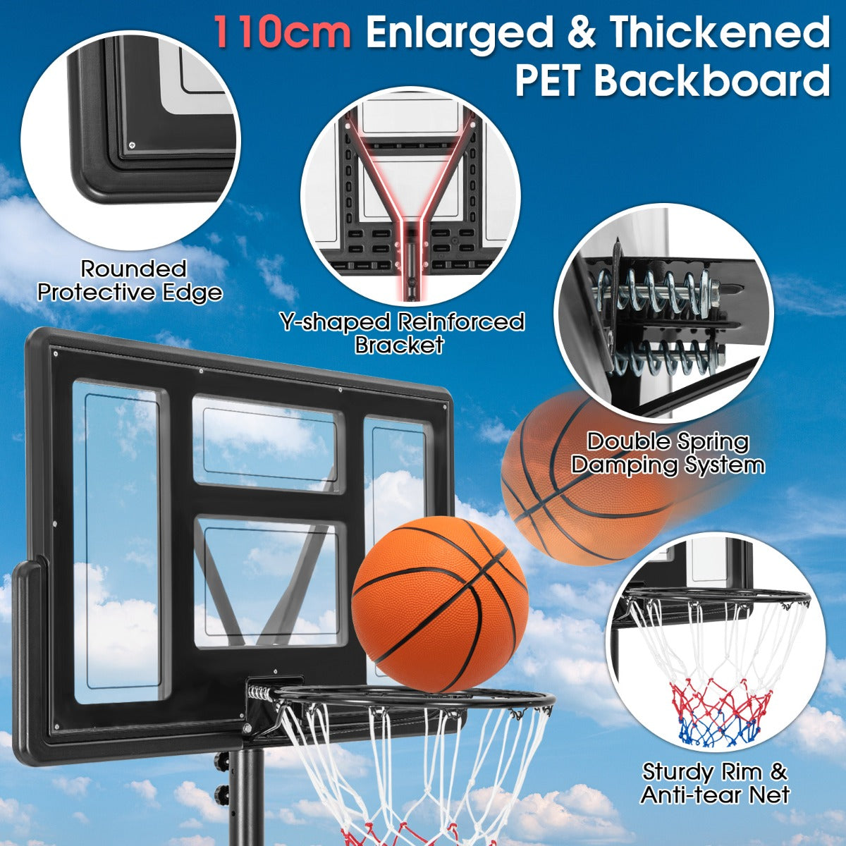 LIVSK Draagbare Basketbalring - 11 Hoogte-instellingen tot 3,05 m - 110 cm Achterwand - Vulbare Basis met Loodzak - Weerbestendig