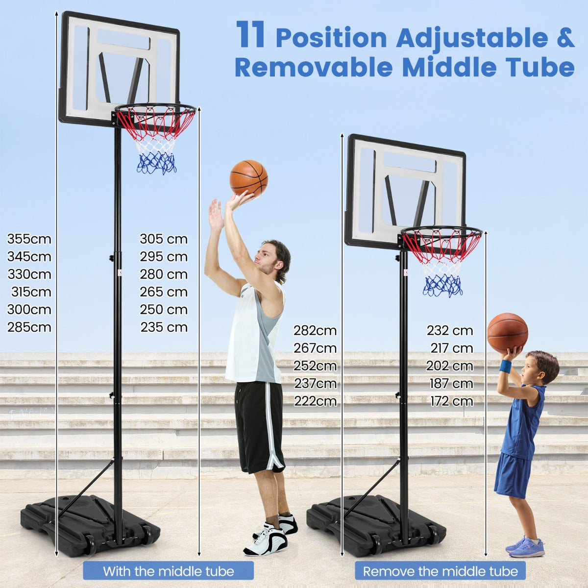 LIVSK Verstelbare Basketbalstandaard - Weerbestendig - Stabiele 32-liter Basis - 8 Hoogteposities - Mobiel Ontwerp - Zwart