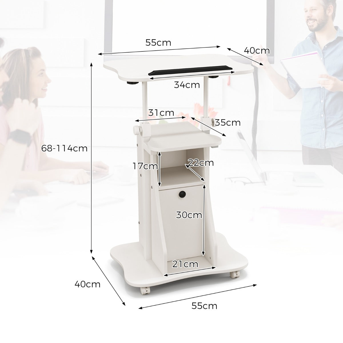 LIVSK Zit-Sta Bureau - Ergonomisch Verstelbaar - Draaibaar Tafelblad - Open Plank en Opbergkast - Mobiel met Wielen - Wit
