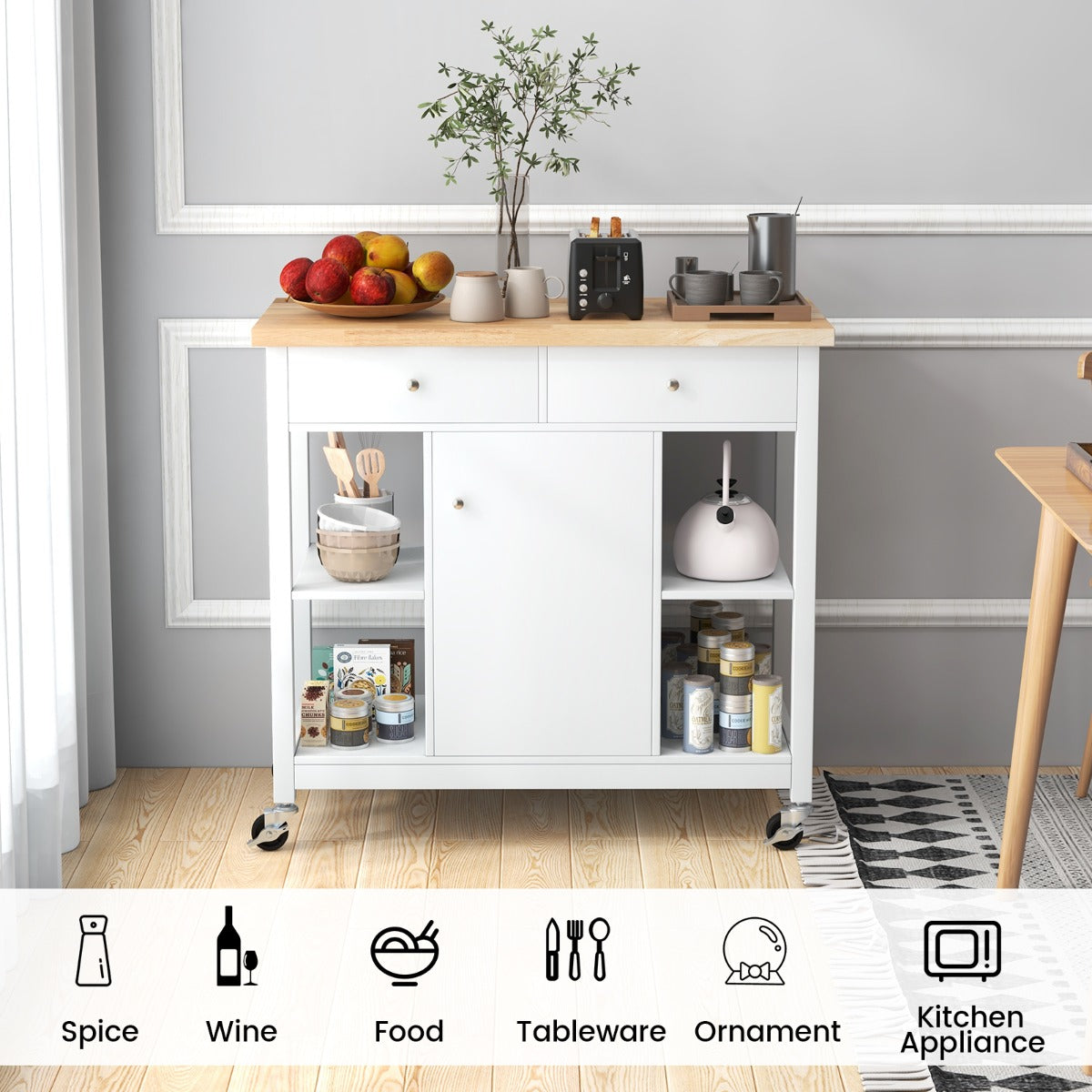 LIVSK Keukentrolley - 4 Open Planken - 2 Uittrekbare Lades - Verstelbare Plank - 4 Wielen - Wit