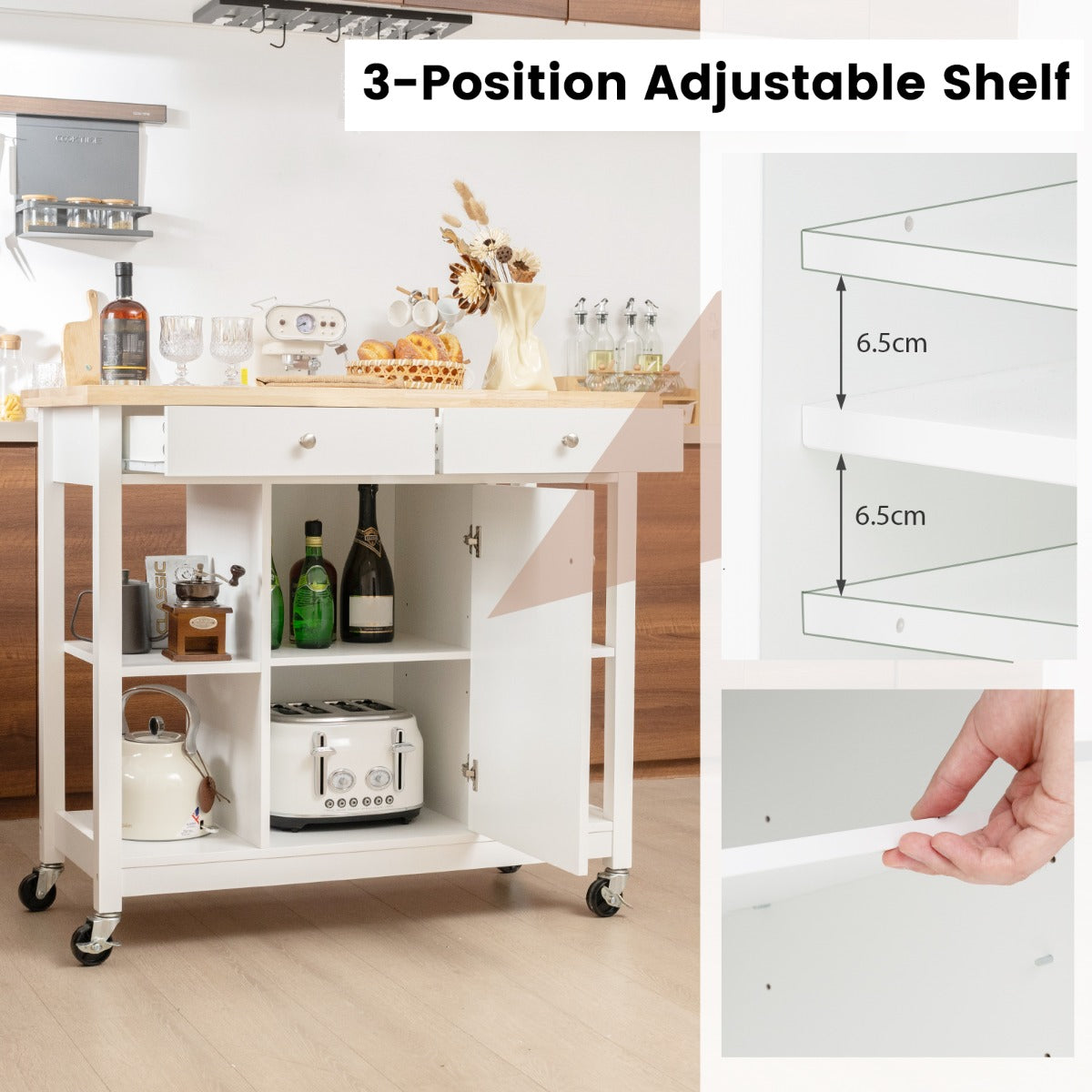 LIVSK Keukentrolley - 4 Open Planken - 2 Uittrekbare Lades - Verstelbare Plank - 4 Wielen - Wit