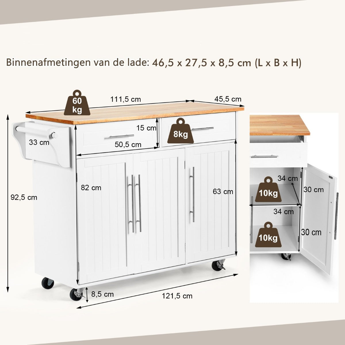 LIVSK Keukentrolley - Verstelbare Planken - 2 Lades en 2 Kasten - Duurzaam Rubberhout & MDF - Werkblad 112 x 46 cm - Wit