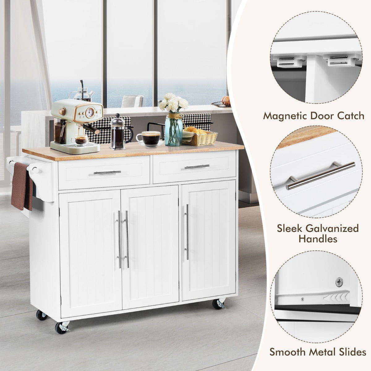 LIVSK Keukentrolley - Verstelbare Planken - 2 Lades en 2 Kasten - Duurzaam Rubberhout & MDF - Werkblad 112 x 46 cm - Wit
