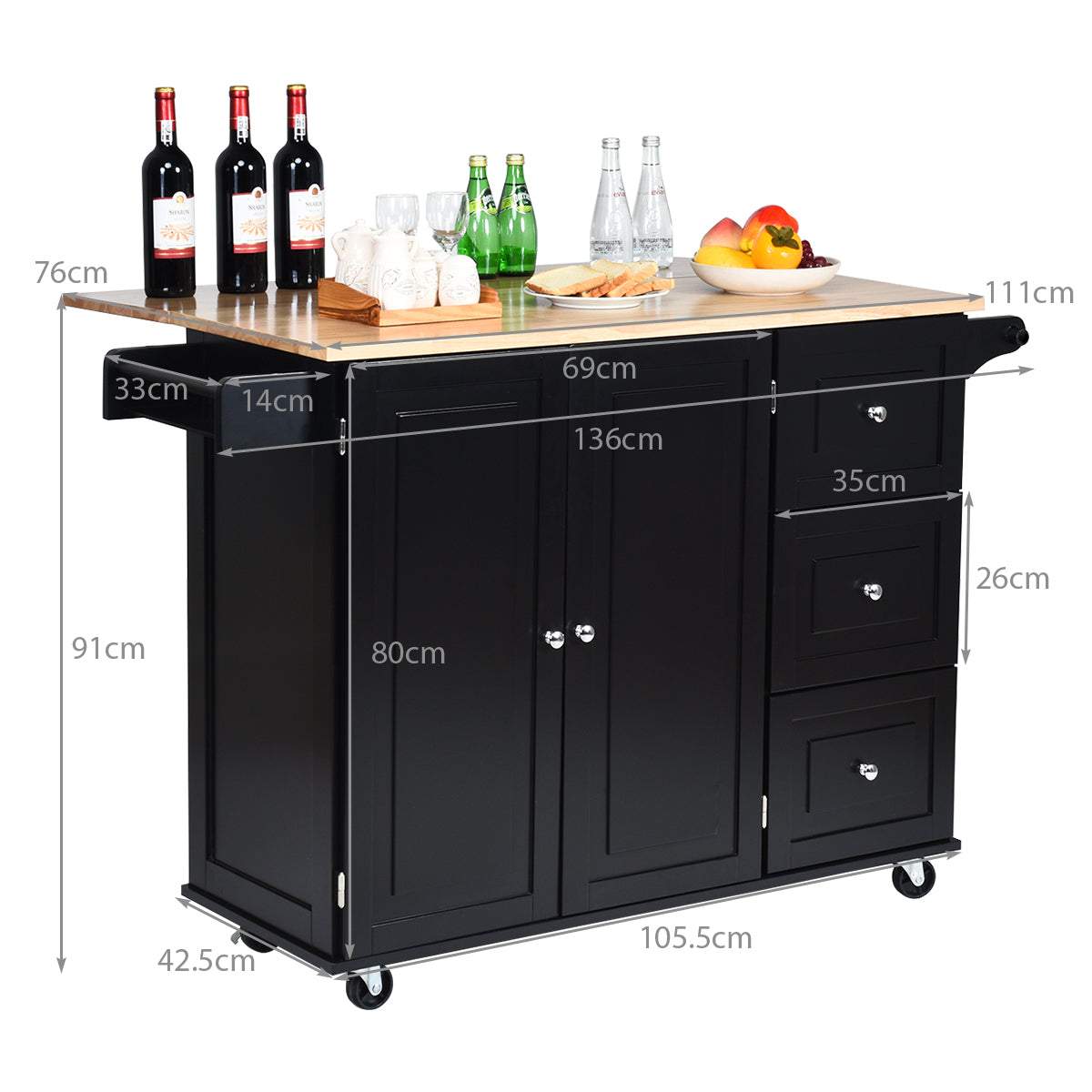 LIVSK Opvouwbare Keukentrolley - Ruime Opbergruimte met 3 Lades en Kruidenrek - Mobiel met Zwenkwielen - 136 x 76 x 91 cm - Zwart