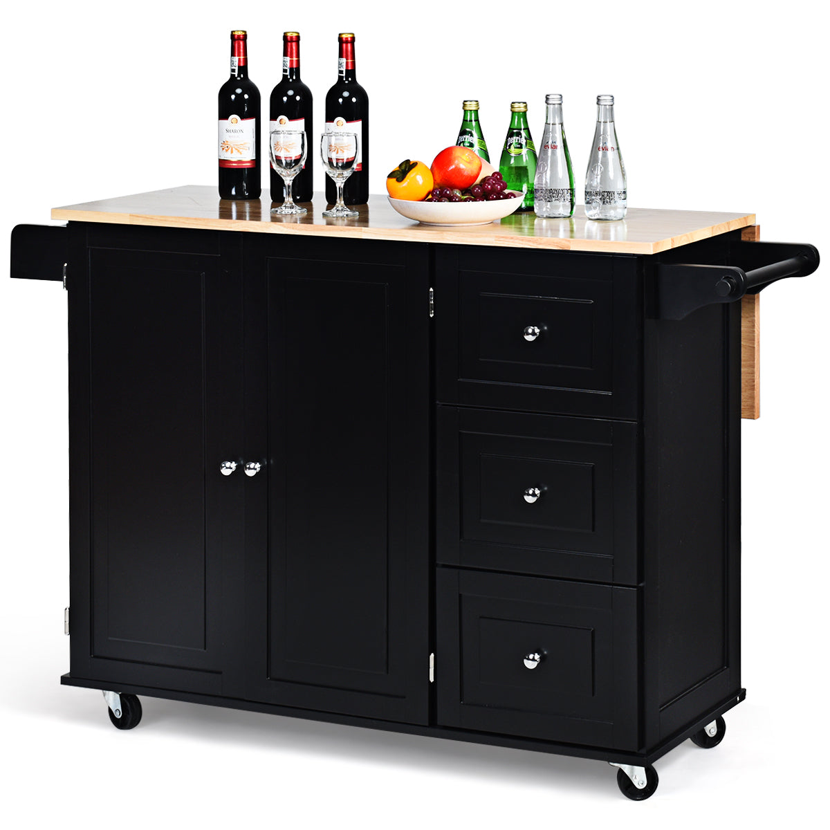 LIVSK Opvouwbare Keukentrolley - Ruime Opbergruimte met 3 Lades en Kruidenrek - Mobiel met Zwenkwielen - 136 x 76 x 91 cm - Zwart