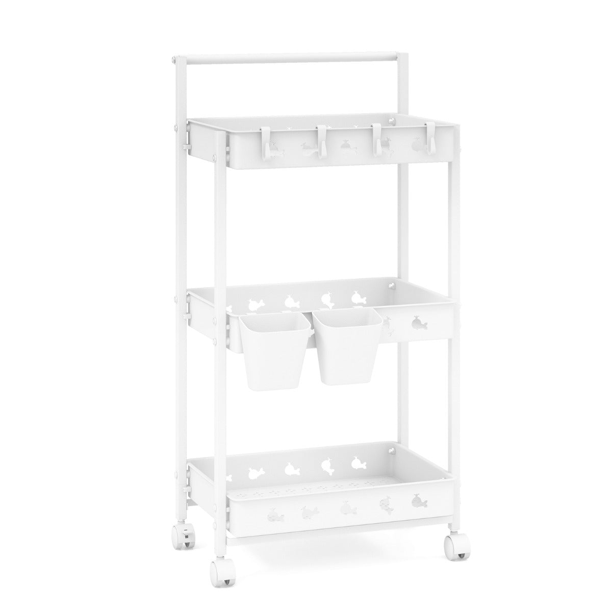 LIVSK Opbergtrolley met Duwbeugel - 3 Niveaus - 2 Ophangbekers - 4 Afneembare Haken - 360° Wielen - Wit