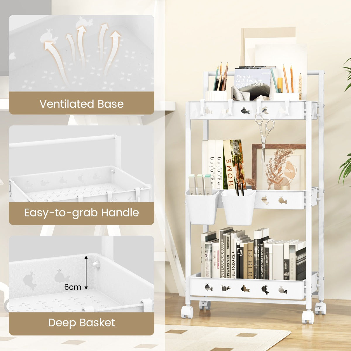 LIVSK Opbergtrolley met Duwbeugel - 3 Niveaus - 2 Ophangbekers - 4 Afneembare Haken - 360° Wielen - Wit