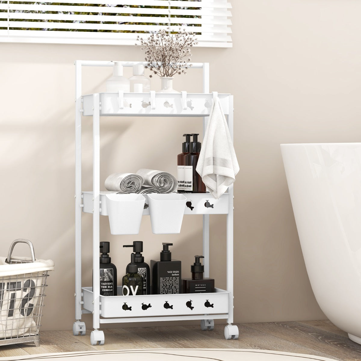 LIVSK Opbergtrolley met Duwbeugel - 3 Niveaus - 2 Ophangbekers - 4 Afneembare Haken - 360° Wielen - Wit