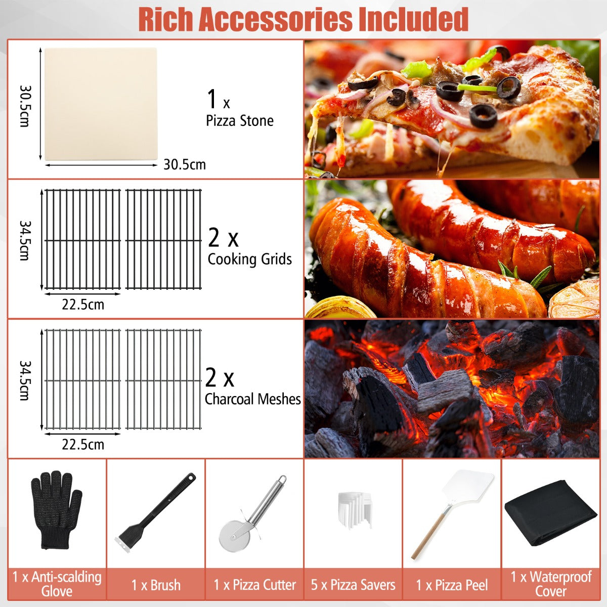 LIVSK Buitenpizzaoven met Thermometer - Groot Kookoppervlak - Inclusief Pizzasteen en Accessoires - 64 x 46 x 162 cm - Zwart