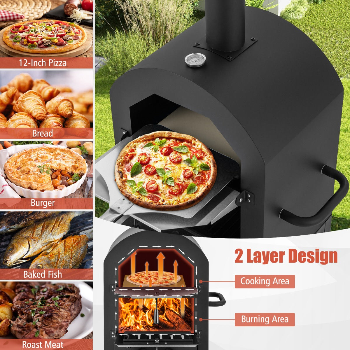 LIVSK Buitenpizzaoven met Thermometer - Groot Kookoppervlak - Inclusief Pizzasteen en Accessoires - 64 x 46 x 162 cm - Zwart