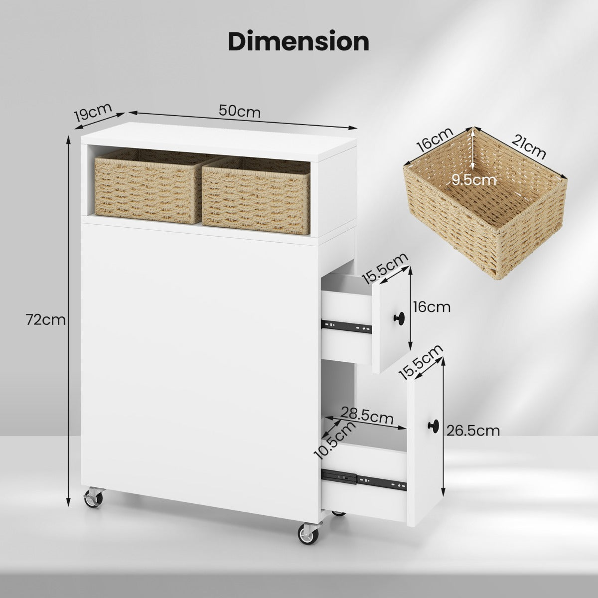 LIVSK Badkamer Opbergkast - Ruimtebesparend met 2 Schuifladen en 2 Rotanmanden - Verrijdbaar met Zwenkwielen - 50 x 19 x 72 cm -