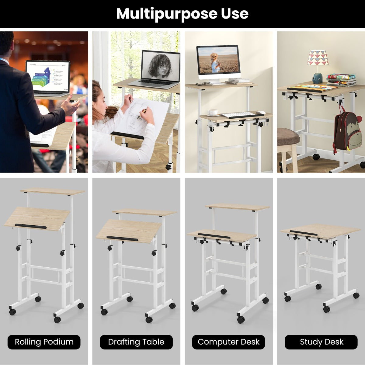 LIVSK Mobiel Sta-Bureau - Verstelbare Hoogte - Kantelbare Bladen - Verrijdbaar met Vergrendelbare Wielen - Wit + Naturel