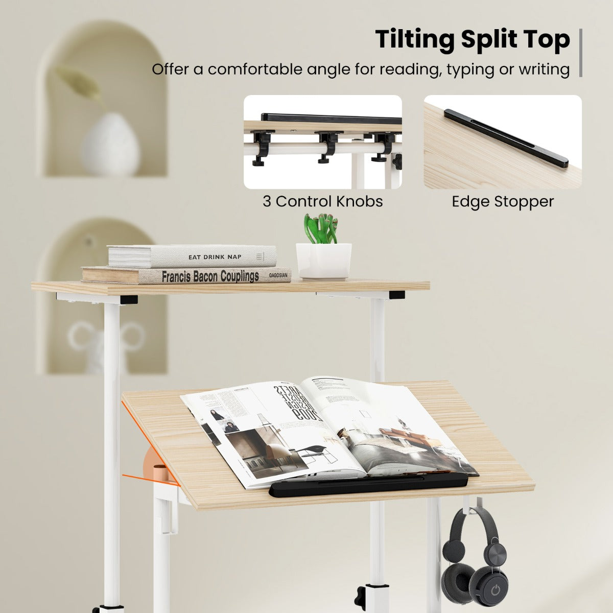 LIVSK Mobiel Sta-Bureau - Verstelbare Hoogte - Kantelbare Bladen - Verrijdbaar met Vergrendelbare Wielen - Wit + Naturel