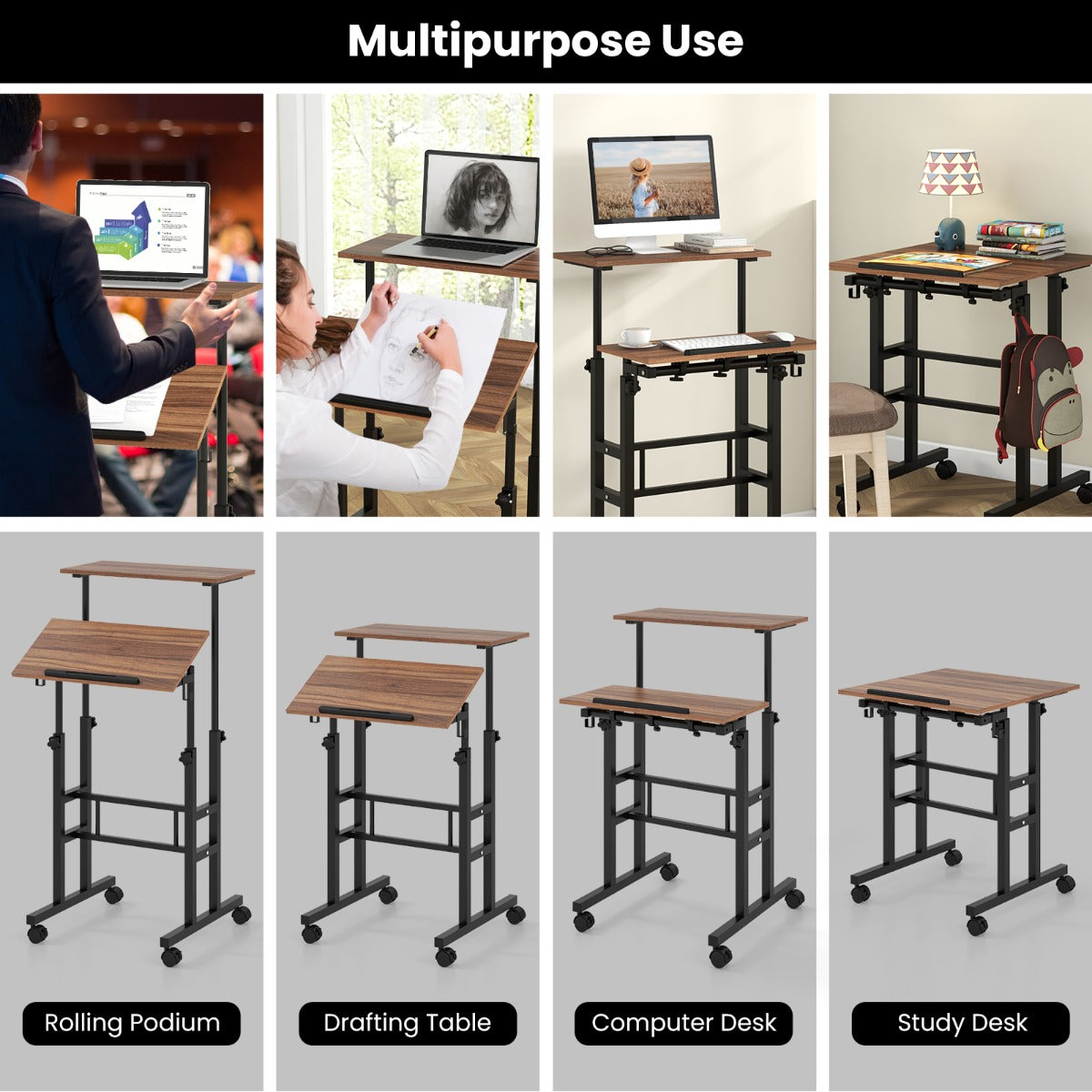 LIVSK Mobiel Sta-bureau - Verstelbare Hoogte & Kantelbare Bladen - Verrijdbaar met Zwenkwielen - Inclusief 2 Haken - Zwart +