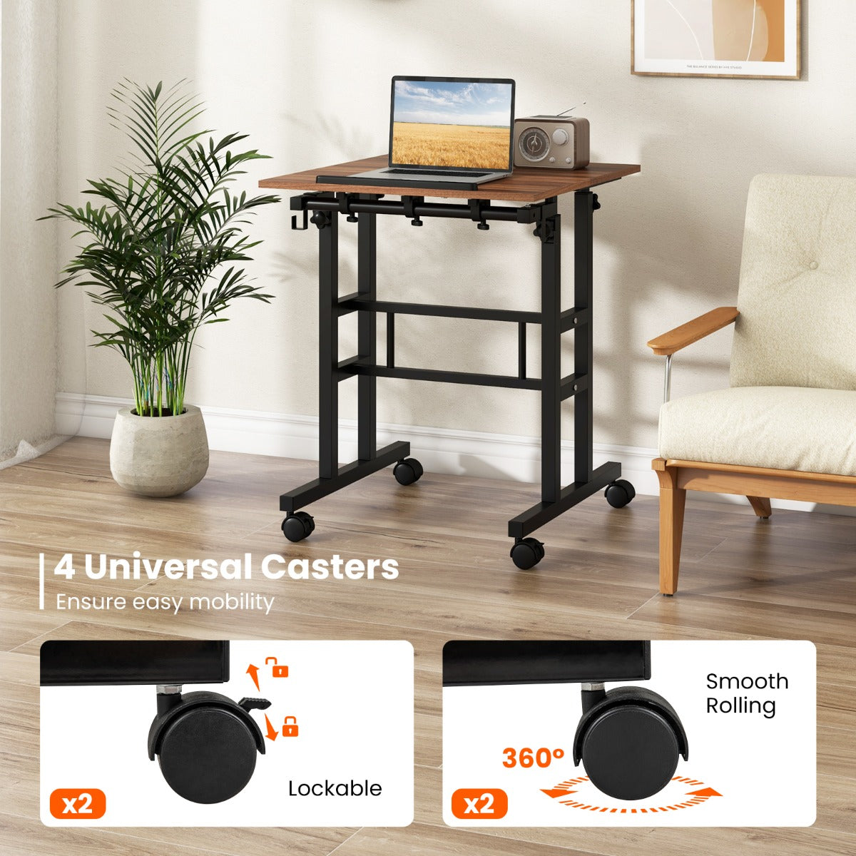 LIVSK Mobiel Sta-bureau - Verstelbare Hoogte & Kantelbare Bladen - Verrijdbaar met Zwenkwielen - Inclusief 2 Haken - Zwart +