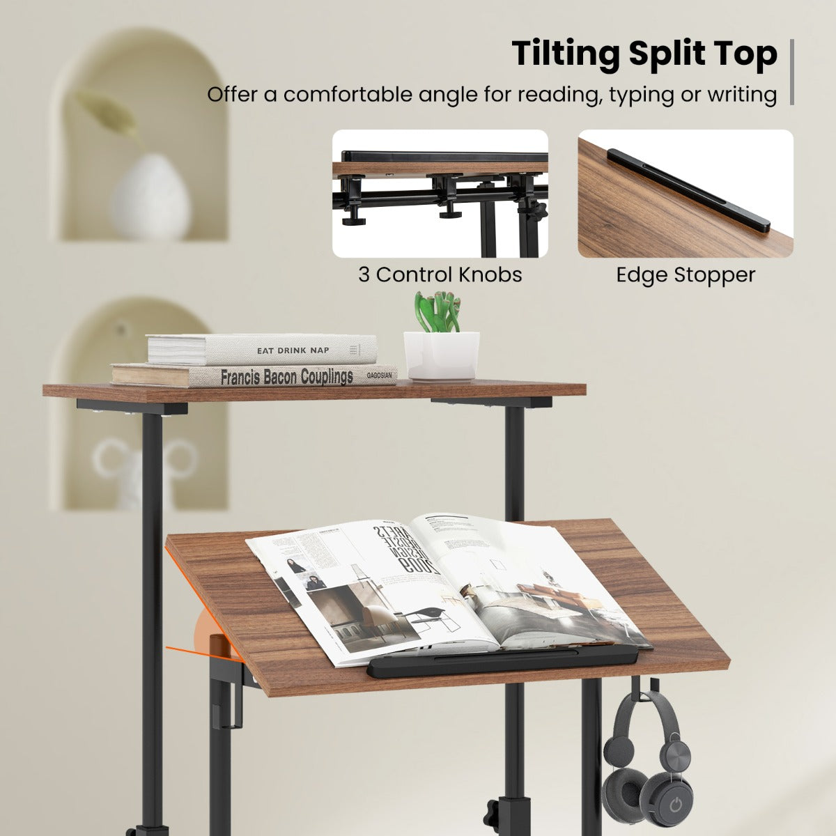 LIVSK Mobiel Sta-bureau - Verstelbare Hoogte & Kantelbare Bladen - Verrijdbaar met Zwenkwielen - Inclusief 2 Haken - Zwart +