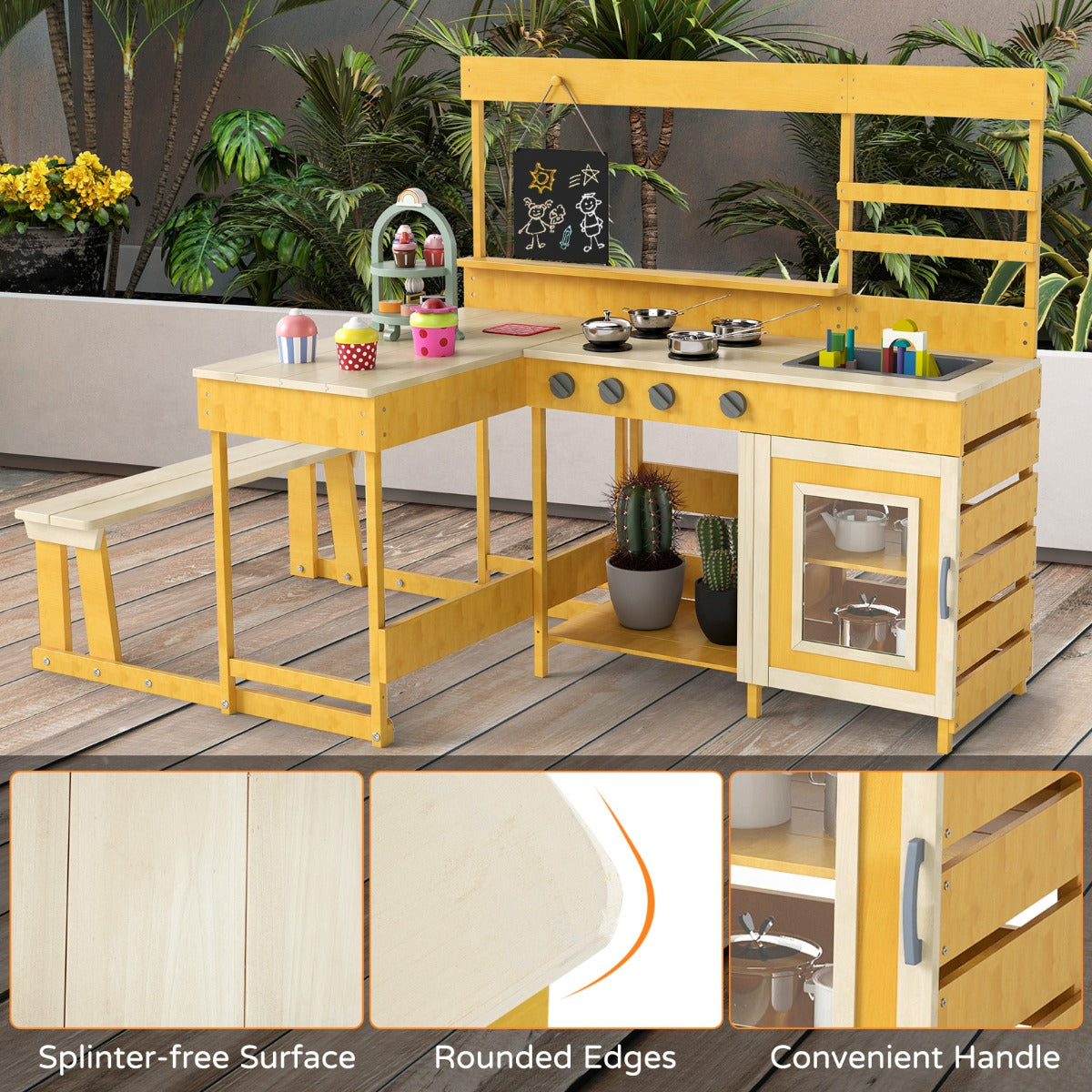 Livsk costway modderkeuken met picknicktafel voor kinderen buitenspeelset voor in de achtertuin naturel 6