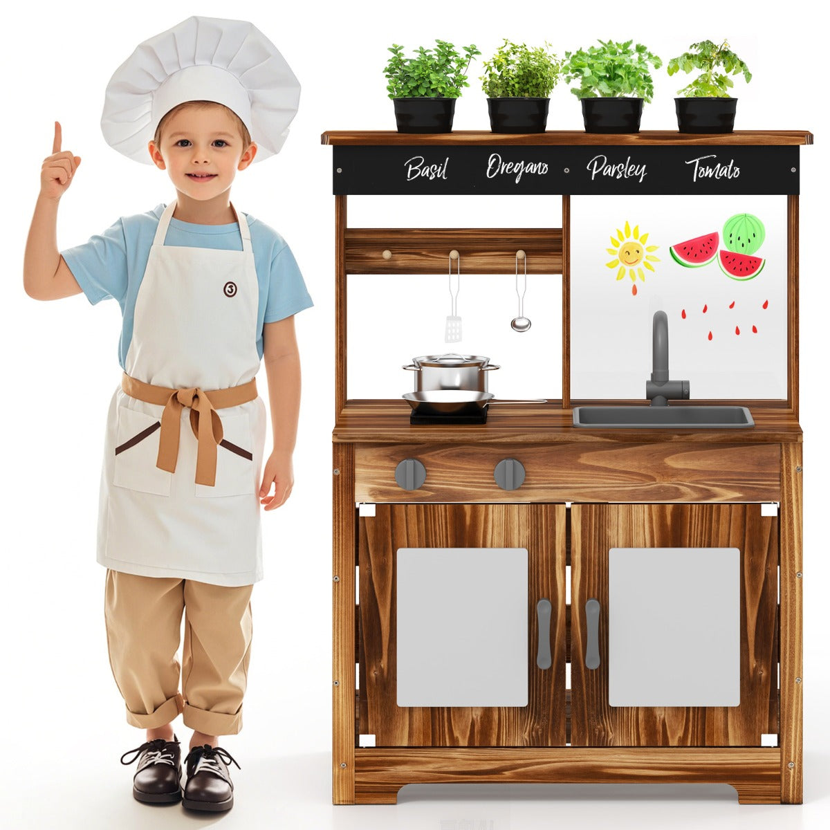 LIVSK Speelkeuken van Massief Dennenhout - Inclusief Spoelbak en Plantenpotten - Creatief Spel en Kookplezier - Vanaf 3 Jaar -